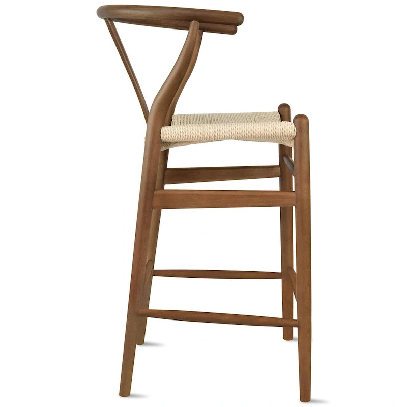 Solid Wood Countertop Height Barstool with Open Y Back Farmhouse Woven Organic Natural Chair For Kitchen Designer - N/A-11