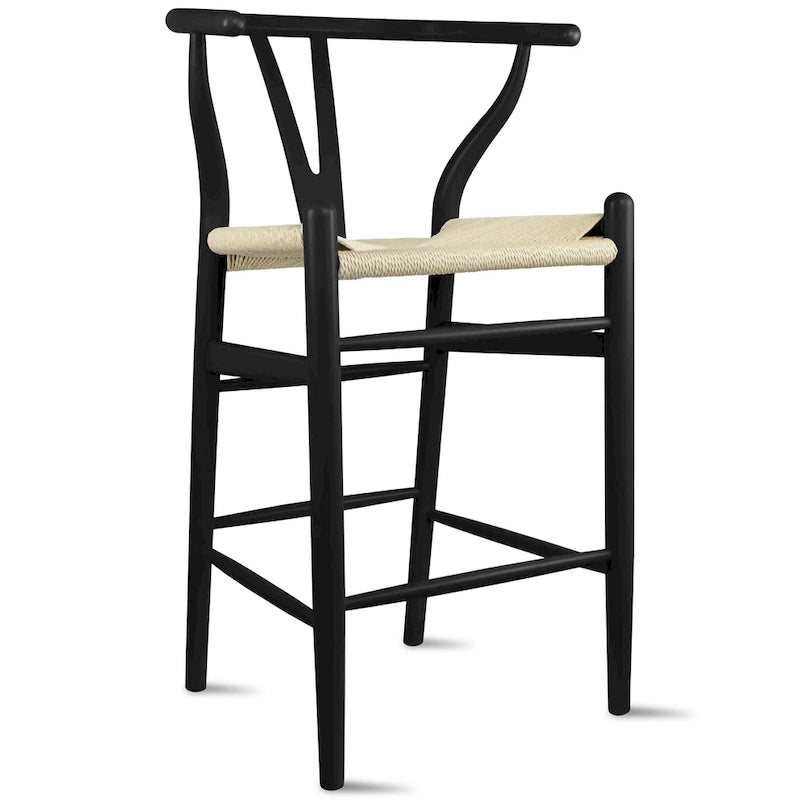 Solid Wood Countertop Height Barstool with Open Y Back Farmhouse Woven Organic Natural Chair For Kitchen Designer - N/A-14