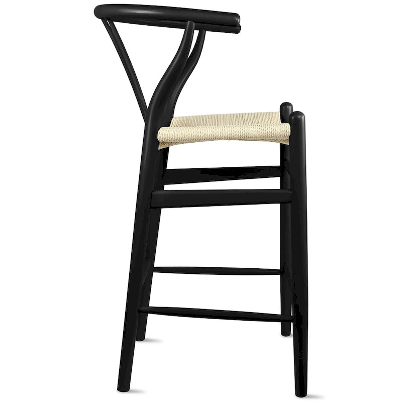 Solid Wood Countertop Height Barstool with Open Y Back Farmhouse Woven Organic Natural Chair For Kitchen Designer - N/A-15