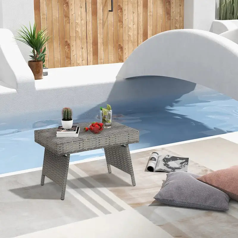 Costway Patio Folding Rattan Wicker Side Table End Coffee Table - 24 x 16 x 16 (L x W x H)-10