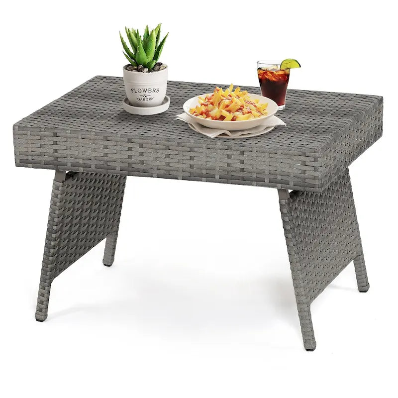 Costway Patio Folding Rattan Wicker Side Table End Coffee Table - 24 x 16 x 16 (L x W x H)-2