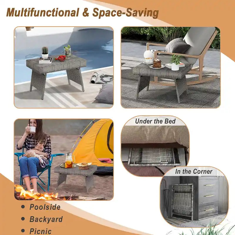 Costway Patio Folding Rattan Wicker Side Table End Coffee Table - 24 x 16 x 16 (L x W x H)-6