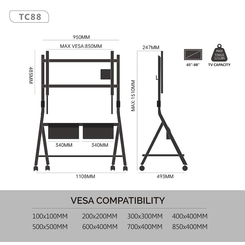 FITUEYES Mobile TV Cart for Office Classroom Rolling TV Stand with Wheels for 45-88 Inch TV-13