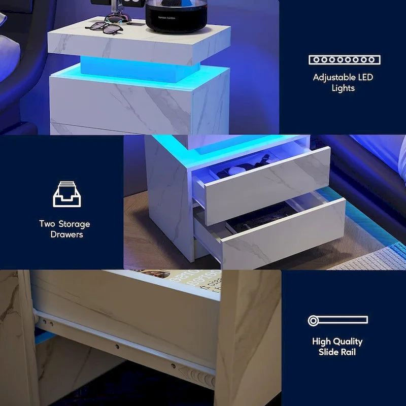 Modern Bedroom Wooden Nightstand/Bedside Table Cabinet with LED Lights and 2 Drawers-3