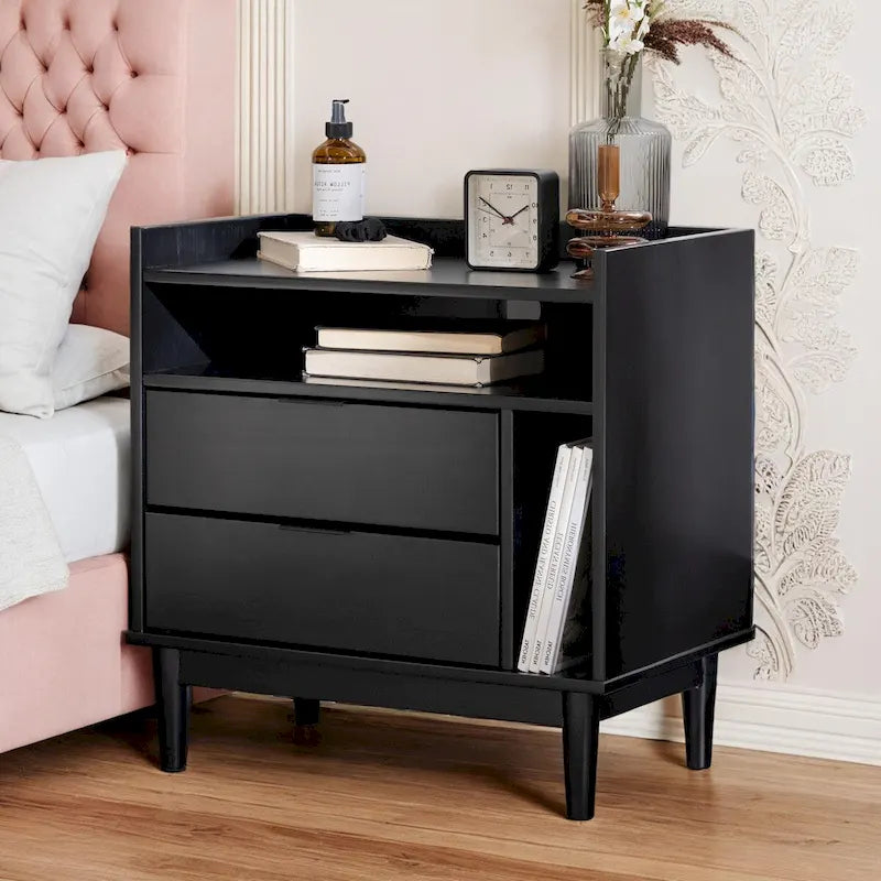 Mid-Century Modern Solid Wood 2-Drawer Gallery Nightstand-16