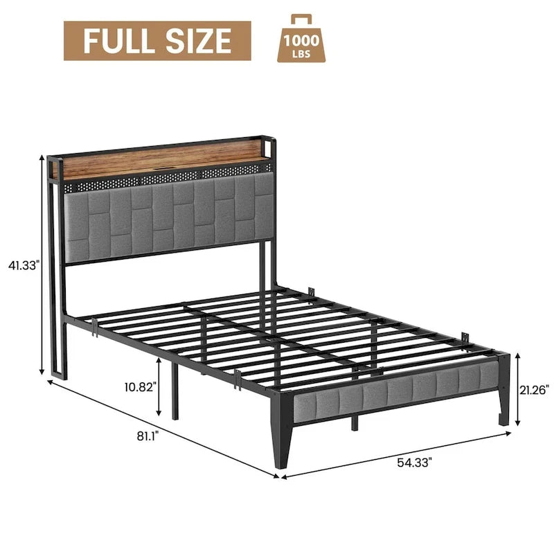 Bed Frame with LED Light and Storage Headboard-2