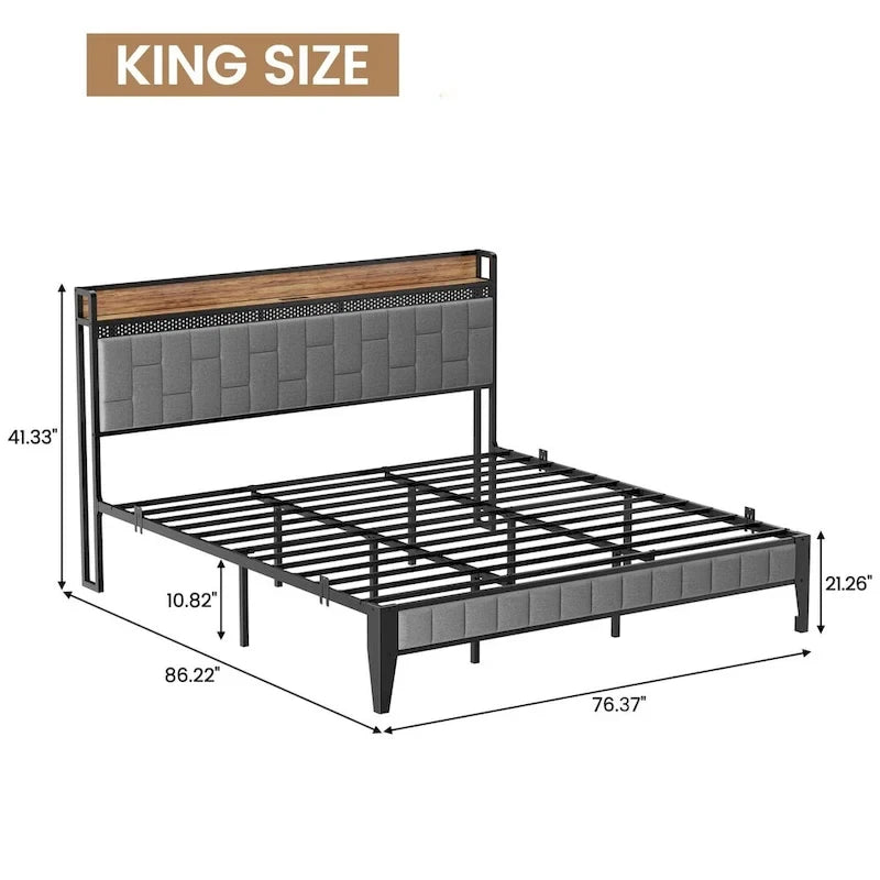 Bed Frame with LED Light and Storage Headboard-4