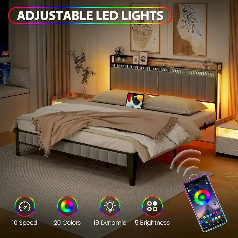 Bed Frame with LED Light and Storage Headboard-5