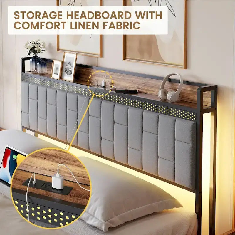 Bed Frame with LED Light and Storage Headboard-7