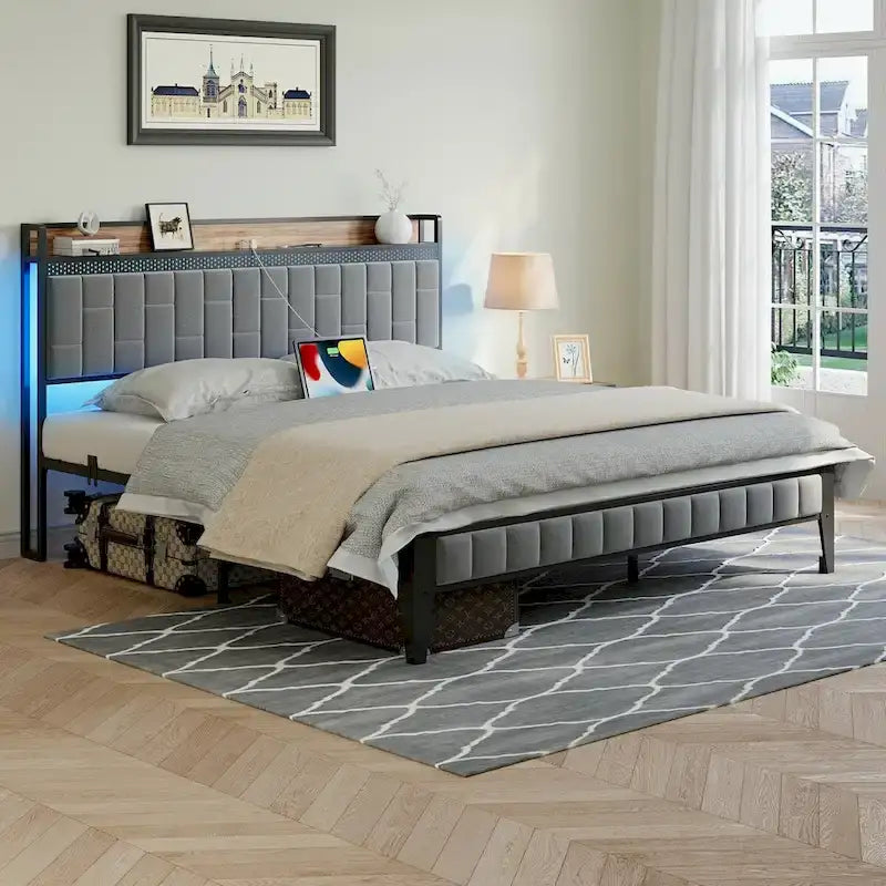 Bed Frame with LED Light and Storage Headboard-10