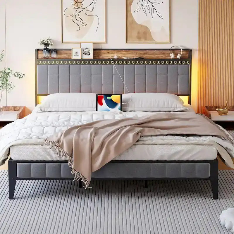 Bed Frame with LED Light and Storage Headboard-11
