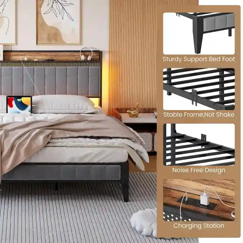Bed Frame with LED Light and Storage Headboard-17