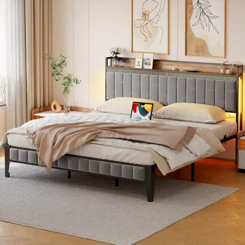 Bed Frame with LED Light and Storage Headboard-18