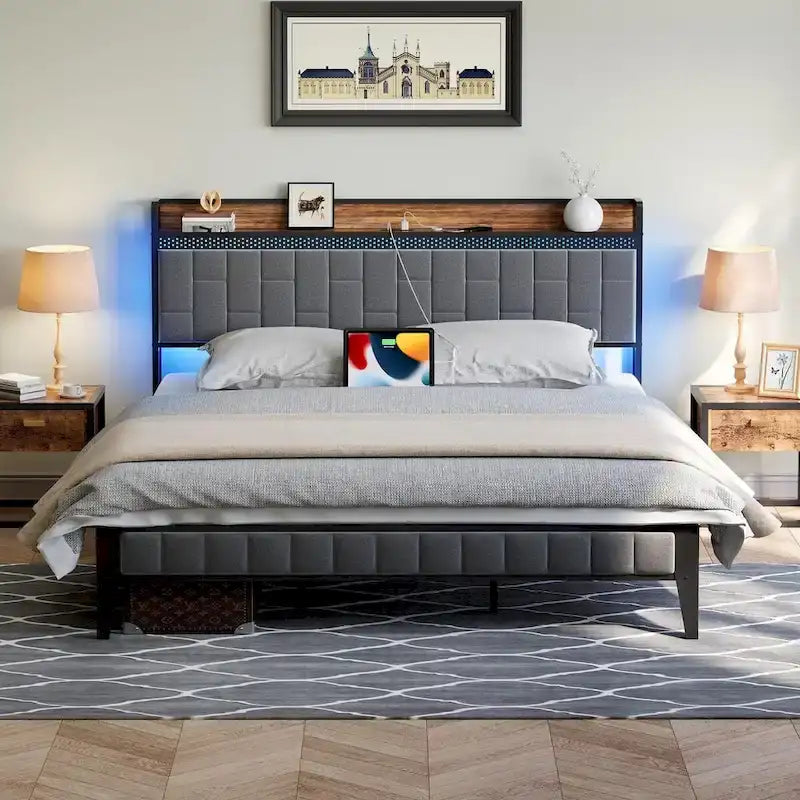 Bed Frame with LED Light and Storage Headboard-19