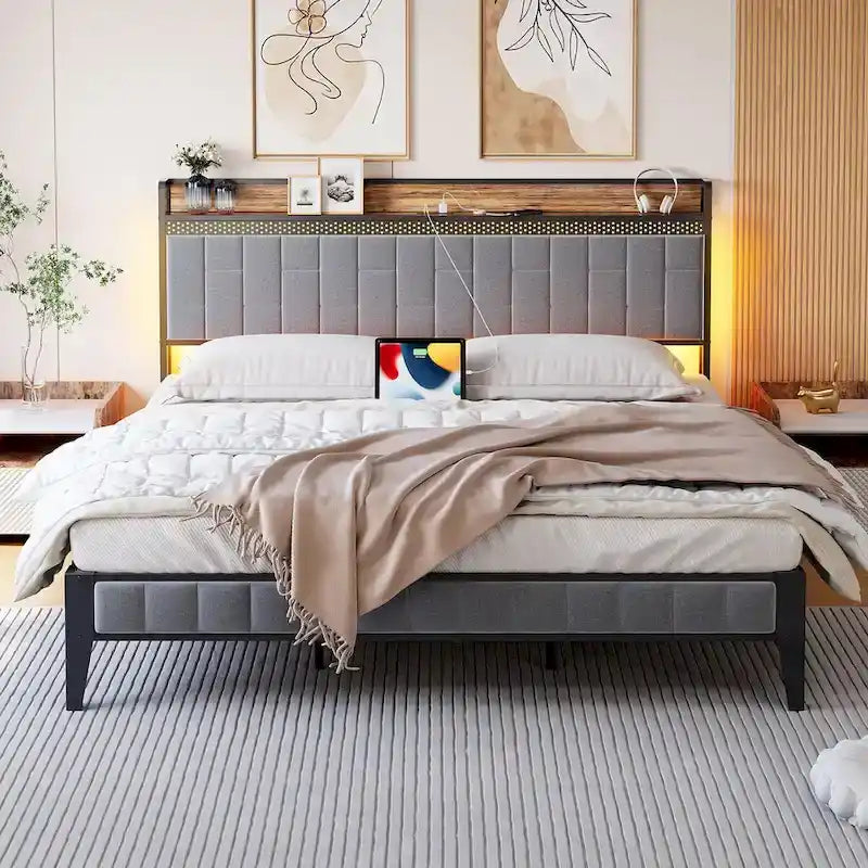 Bed Frame with LED Light and Storage Headboard-20