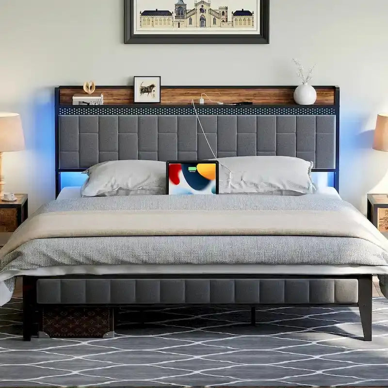 Bed Frame with LED Light and Storage Headboard-22