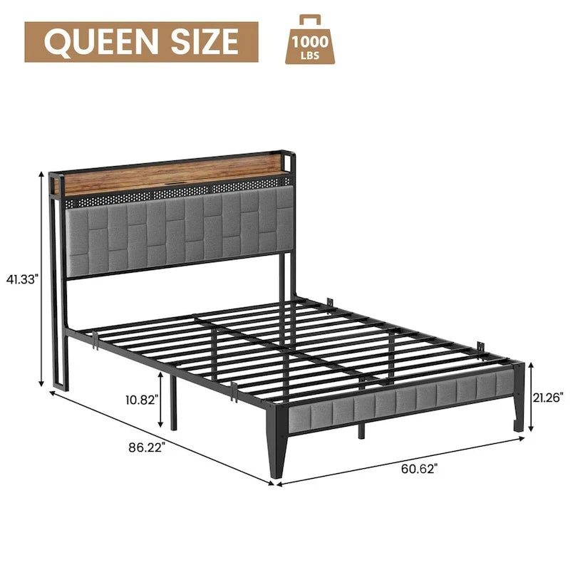 Bed Frame with LED Light and Storage Headboard-24