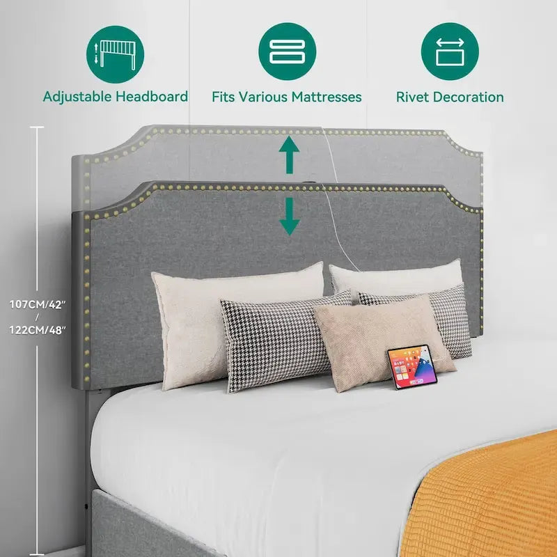 Moasis King Upholstered Rivet Curved Adjustable Headboard Platform Bed Frame 4 Storage Drawers Bed Frame-3