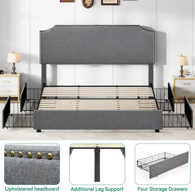 Moasis King Upholstered Rivet Curved Adjustable Headboard Platform Bed Frame 4 Storage Drawers Bed Frame-4