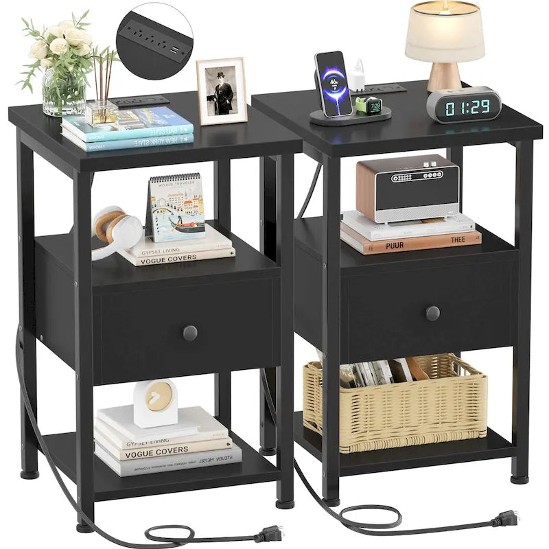 Set of 2 Nightstand with Charge Station and LED Light, End Table with Drawers-15