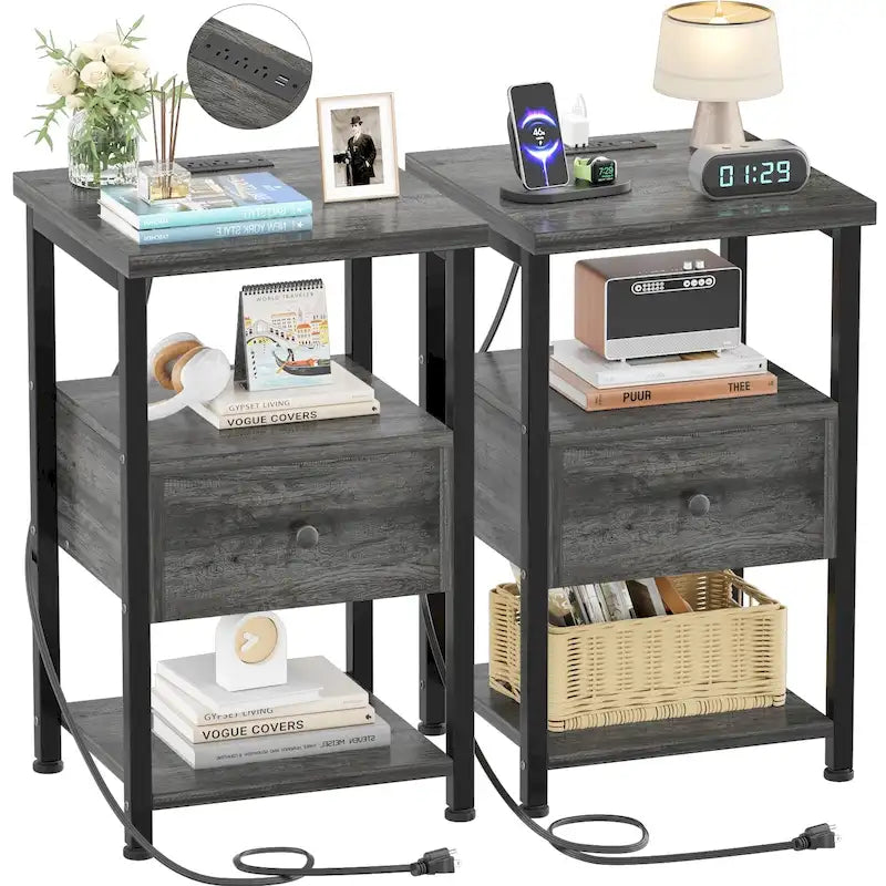 Set of 2 Nightstand with Charge Station and LED Light, End Table with Drawers-16