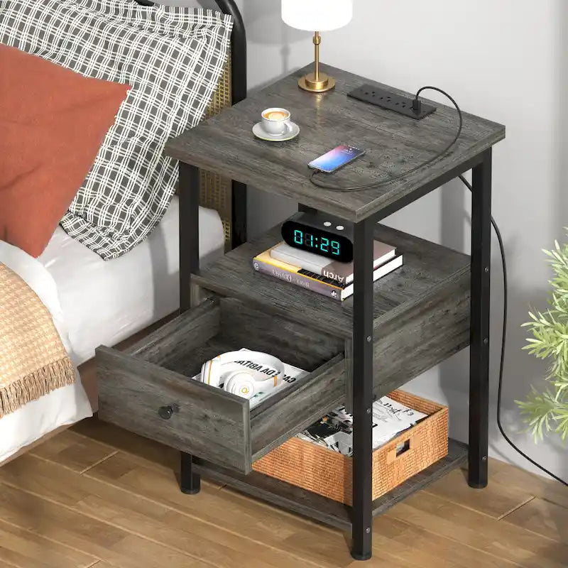 Set of 2 Nightstand with Charge Station and LED Light, End Table with Drawers-2