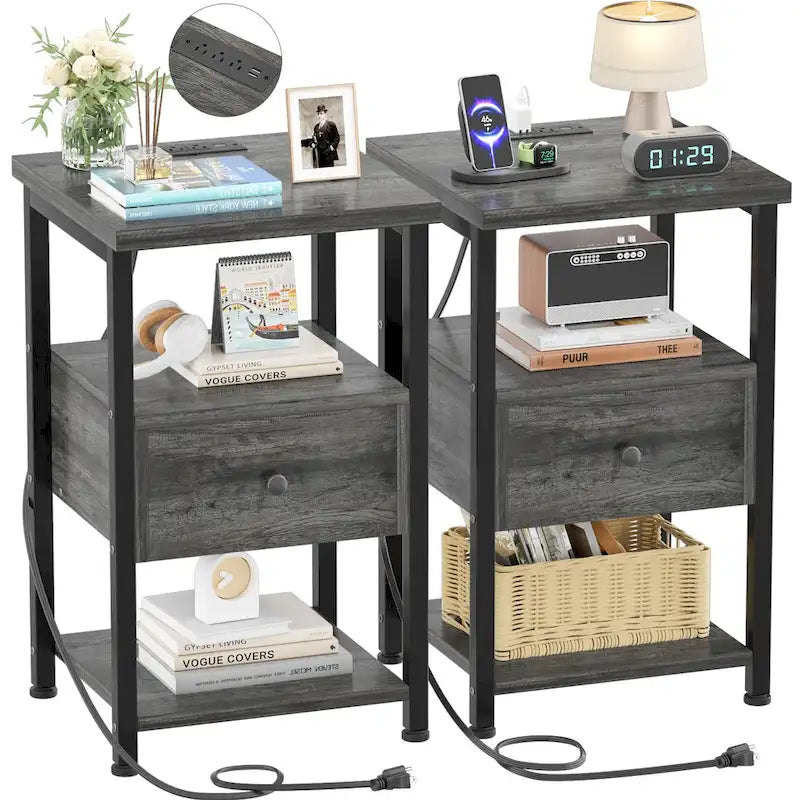 Set of 2 Nightstand with Charge Station and LED Light, End Table with Drawers-3