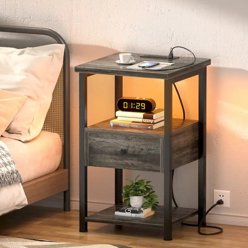 Set of 2 Nightstand with Charge Station and LED Light, End Table with Drawers-4