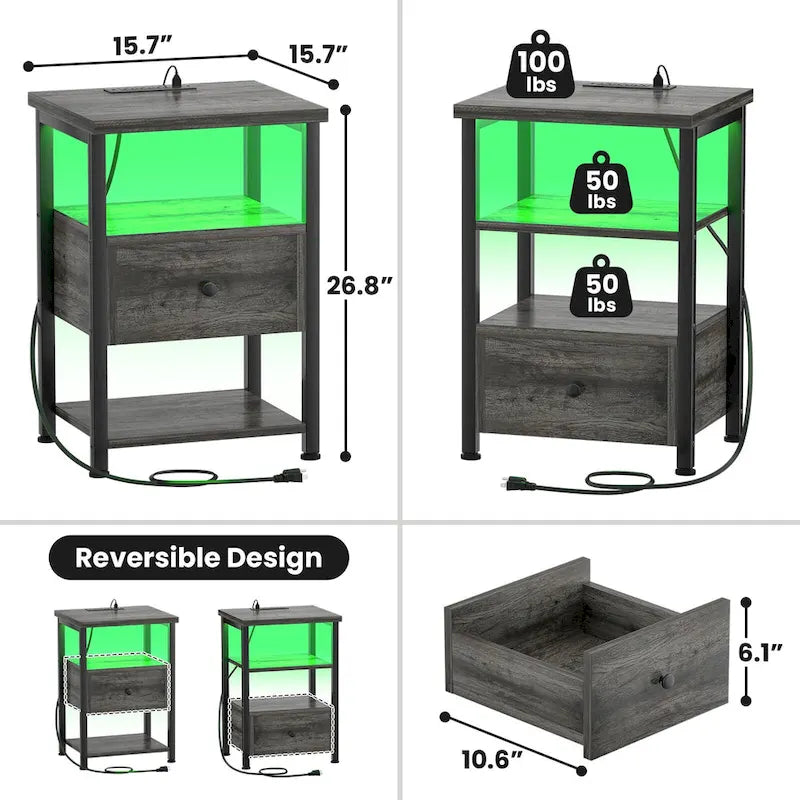 Set of 2 Nightstand with Charge Station and LED Light, End Table with Drawers-6