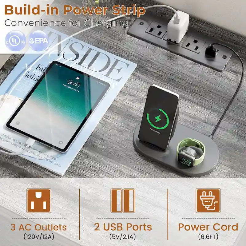 Set of 2 Nightstand with Charge Station and LED Light, End Table with Drawers-7