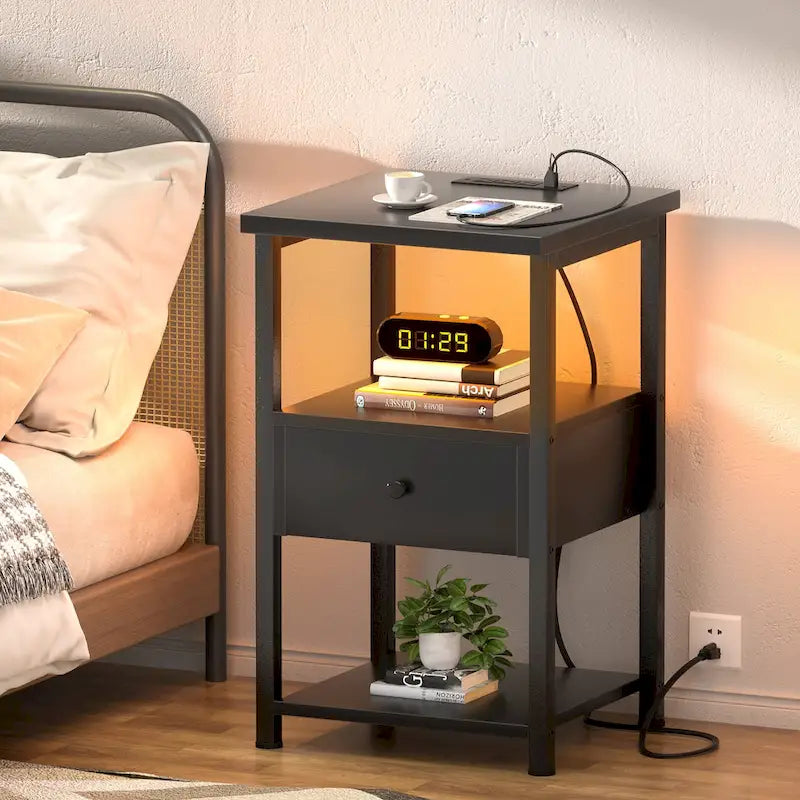 Set of 2 Nightstand with Charge Station and LED Light, End Table with Drawers-9