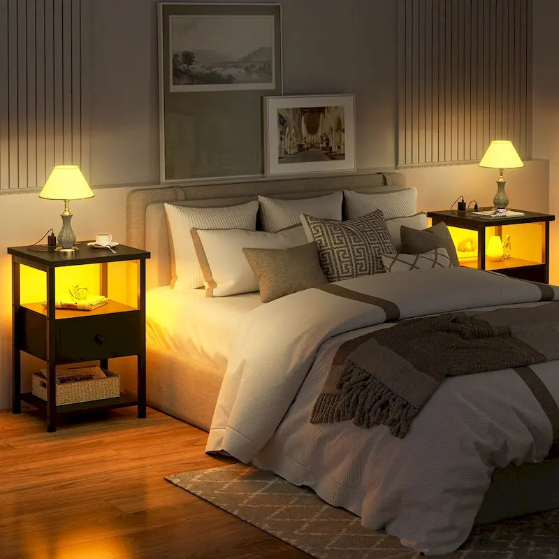 Set of 2 Nightstand with Charge Station and LED Light, End Table with Drawers-10