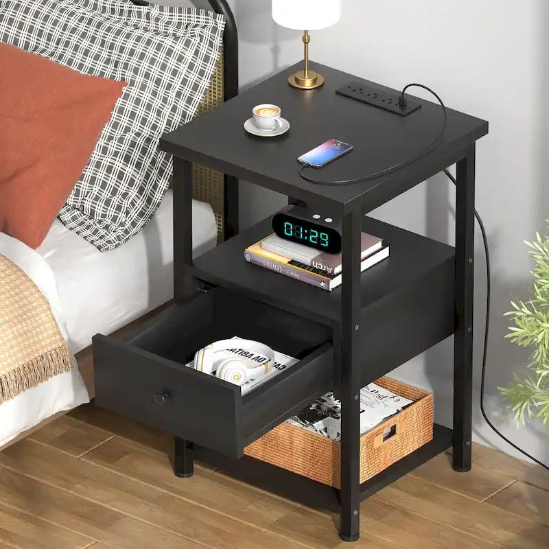 Set of 2 Nightstand with Charge Station and LED Light, End Table with Drawers-11