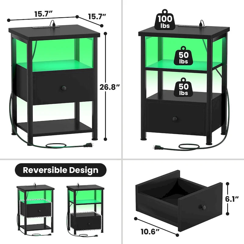 Set of 2 Nightstand with Charge Station and LED Light, End Table with Drawers-13