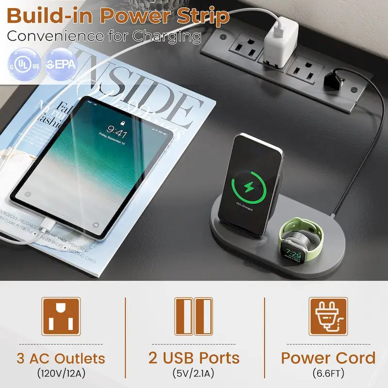 Set of 2 Nightstand with Charge Station and LED Light, End Table with Drawers-14