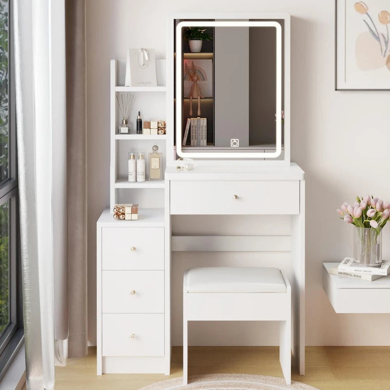 Left Bedside Cabinet Makeup Vanity Table Set with Stool and LED Mirror-2