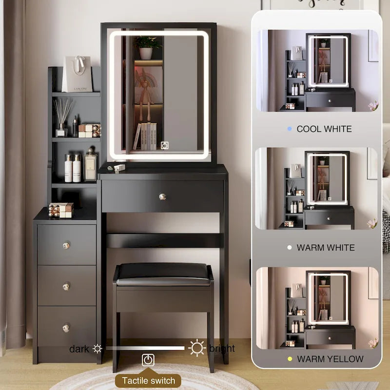 Left Bedside Cabinet Makeup Vanity Table Set with Stool and LED Mirror-3