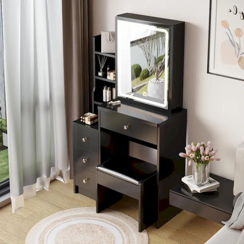 Left Bedside Cabinet Makeup Vanity Table Set with Stool and LED Mirror-5