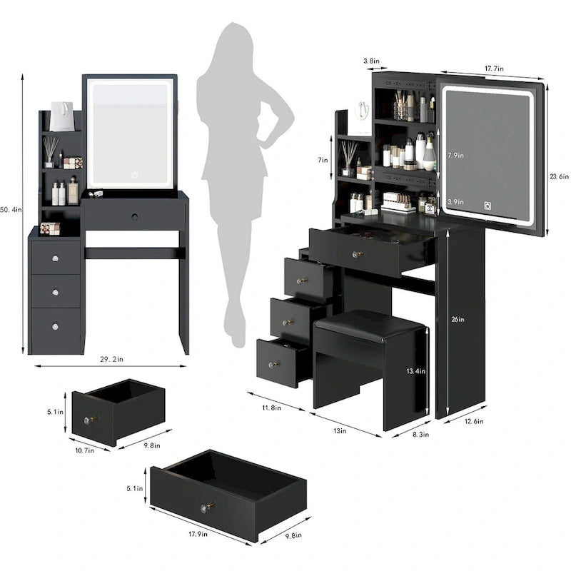 Left Bedside Cabinet Makeup Vanity Table Set with Stool and LED Mirror-6