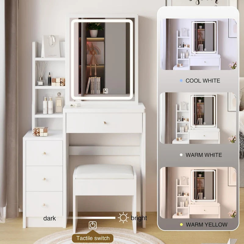 Left Bedside Cabinet Makeup Vanity Table Set with Stool and LED Mirror-11