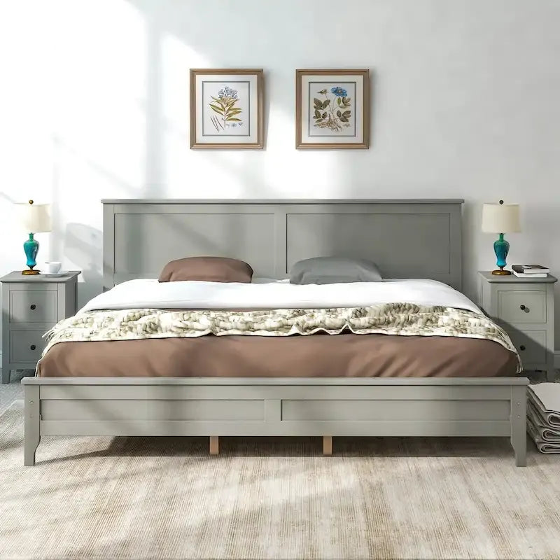 King Platform Bed in Modern Gray Pine Wood - Simple Slat Design, Elegant, High Load Capacity-8