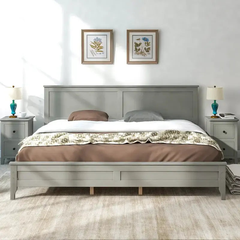 King Platform Bed in Modern Gray Pine Wood - Simple Slat Design, Elegant, High Load Capacity