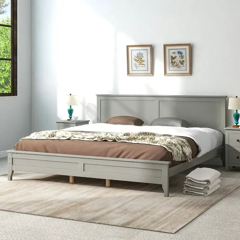 King Platform Bed in Modern Gray Pine Wood - Simple Slat Design, Elegant, High Load Capacity-6