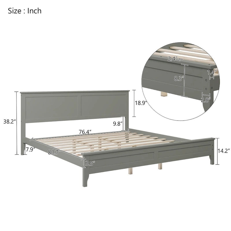 King Platform Bed in Modern Gray Pine Wood - Simple Slat Design, Elegant, High Load Capacity-7