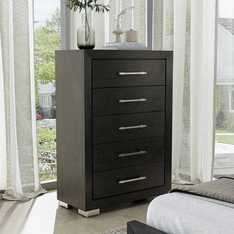 Furniture of America Alaric Modern Black Solid Wood 5-Drawer Storage Chest With Cedar-Lined Bottom Drawer