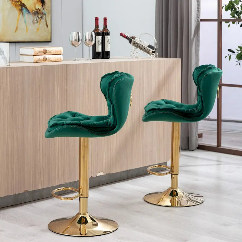 Swivel Height Adjustable Velvet Bar Stools Set of 2,with Golden Footrest and Base-2