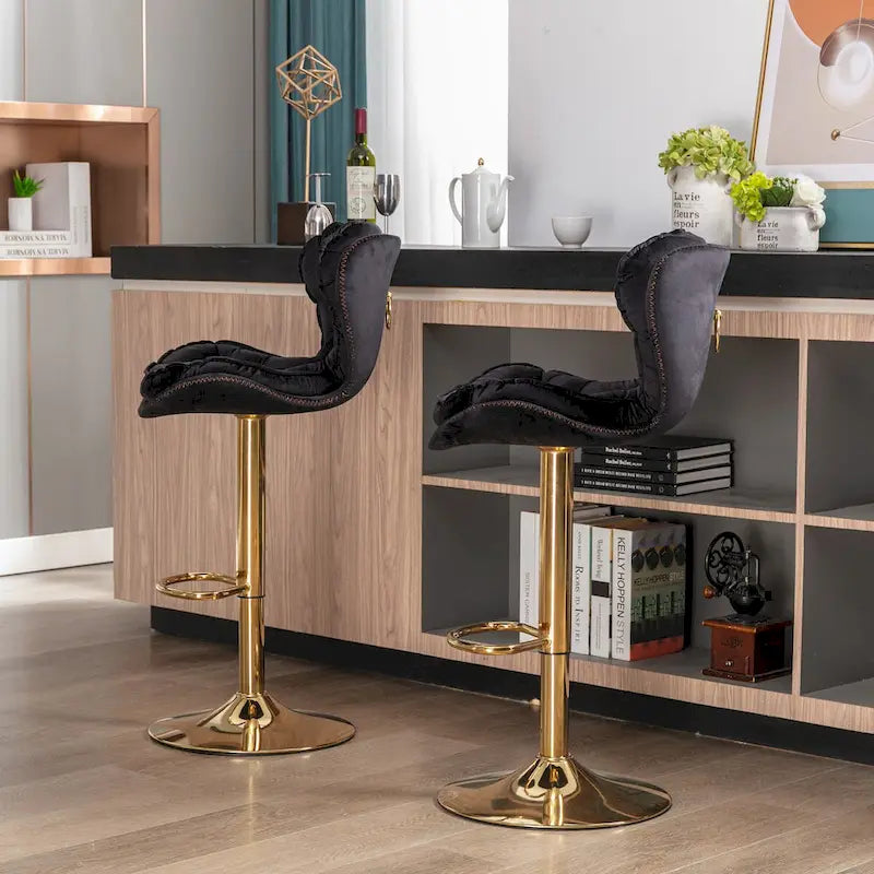 Swivel Height Adjustable Velvet Bar Stools Set of 2,with Golden Footrest and Base-3