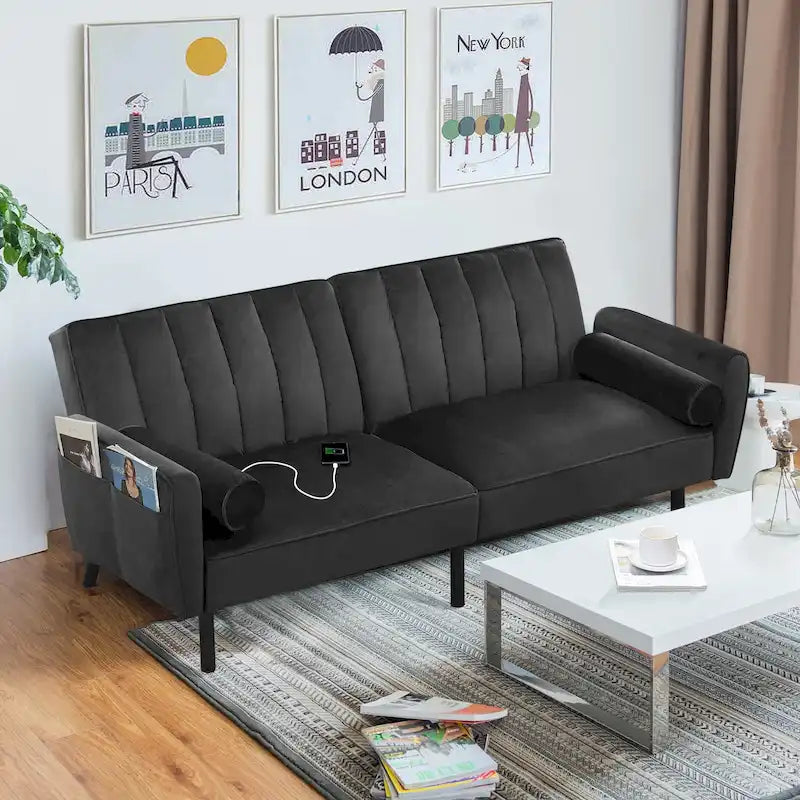 Velvet Futon Sofa Bed Convertible Sofa Couch with Adjustable Backrest, Daybed Guest Bed for Living Room - 2-Person-28