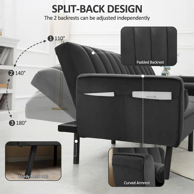 Velvet Futon Sofa Bed Convertible Sofa Couch with Adjustable Backrest, Daybed Guest Bed for Living Room - 2-Person-4