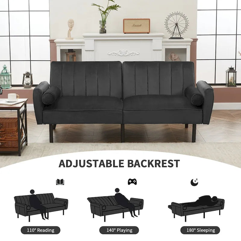 Velvet Futon Sofa Bed Convertible Sofa Couch with Adjustable Backrest, Daybed Guest Bed for Living Room - 2-Person-6